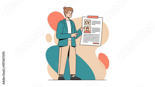 Recruiter points to CV with candidate photos and personal information, job application concept