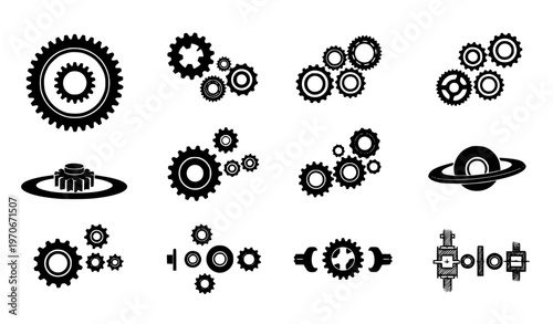 set of gears Planetary Gear System Silhouette Icon Set for Industrial Machinery and Engineering Graphics