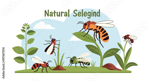 Insects in natural habitat with plants and soil