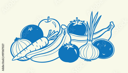 Fresh fruits and vegetables group doodle drawing healthy food assortment on white surface.
