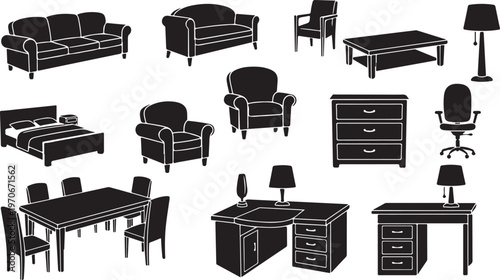 Collection of various furniture items in black and white