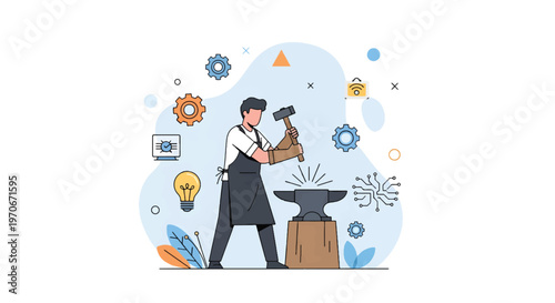 A skilled craftsman actively works on a piece of metal at a workshop with various tools and machinery surrounding him in the industrial environment.