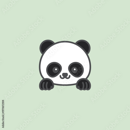 Cute panda peeking from behind a green background. Small eyes and rounded ears show innocent curiosity. Paws rest gently, framing a smiling expression