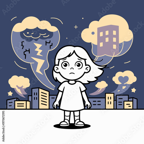 Sad little girl standing in city landscape with stormy weather clouds and buildings illustration showing emotional anxiety and mental health struggles in flat vector style