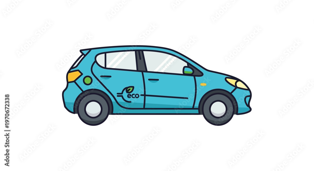 Fototapeta premium Small blue hatchback car side view.
