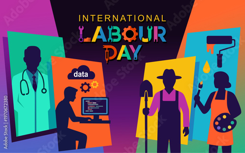 International Labour Day Flat Illustration with Diverse Professions and Colorful Modern Design. Perfect for banners, posters, social media, and editorial use highlighting workers’ contributions worldw