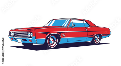 Red and blue classic American muscle car.