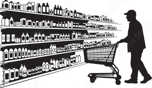 Man shopping with cart in supermarket aisle silhouette vector graphic