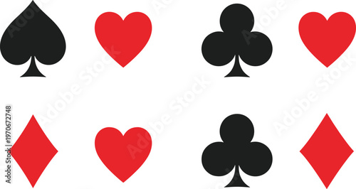 Set of Playing Card Suits in Red and Black for Card Game, Casino, and Gambling Illustrations
