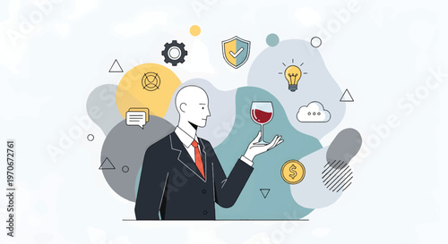 A businessman presents a glass of wine while standing in front of various icons and symbols on a modern flat vector illustration.