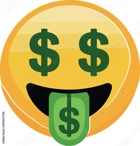 Yellow money mouth emoji vector illustration with dollar signs for eyes and a green currency tongue for finance and wealth concepts.