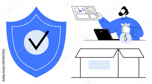 Data security, online payment, e-commerce, digital finance, transaction safety, fraud prevention. A shield with a checkmark, a person with financial resources and a box. Data security and online