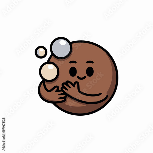 Cute brown round character hugging self with floating bubbles in a minimalist vector illustration style for playful mascot branding and friendly children graphic design