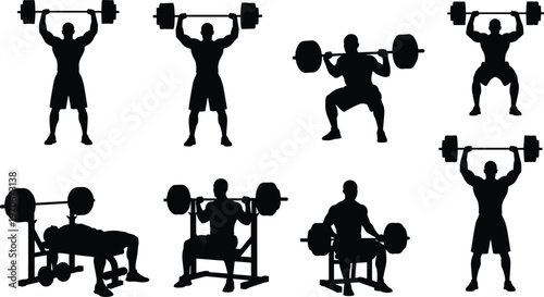 Black silhouette vector illustrations of athletes performing weightlifting exercises with barbells, strength training poses for fitness, bodybuilding, gym workout, and exercise concepts