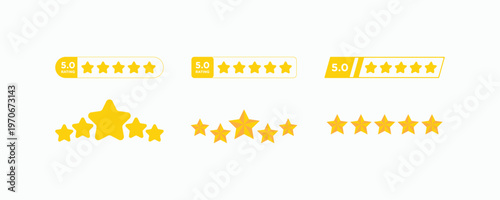 Bright yellow stars adorn minimalist rating bars. Simple design conveys customer feedback or quality assessment. Clean lines suit digital interfaces or promotional materials. Ideal for websites, apps