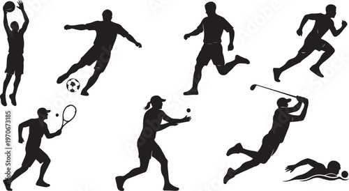 Silhouettes of athletes playing various sports in dynamic poses