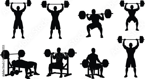 Black silhouette vector illustrations of athletes performing weightlifting exercises with barbells, strength training poses for fitness, bodybuilding, gym workout, and exercise concepts