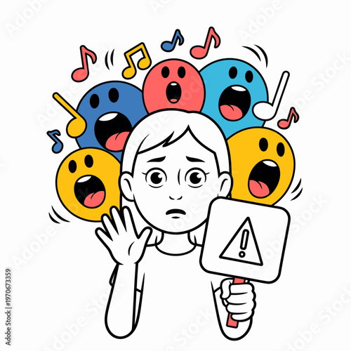 Stressed person holding warning sign surrounded by loud singing faces and music notes representing sensory overload mental health challenges and anxiety in modern life