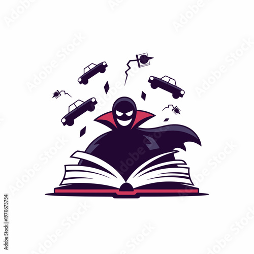Mysterious dark villain emerges from open book with floating vehicles and magical elements in a stylized flat illustration design for creative storytelling concepts