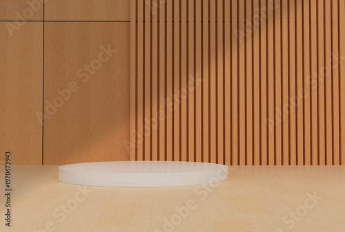 Fotografía Podio circular blanco sobre suelo de madera clara con fondo de listones naturales y sombras proyectadas