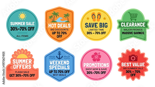 Summer Sale Promotion Badges A Discount Sticker Set Offering Up To 70% Off - Perfect for Retail Marketing and Seasonal Offers