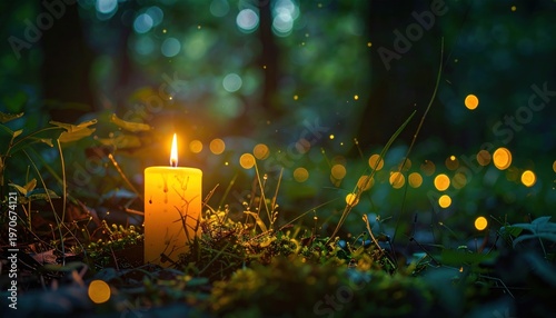 Candlelit Forest with Fireflies at Night.