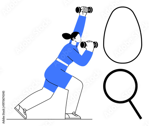 Woman lifting dumbbells in a forward lunge alongside abstract shapes, motivating personal growth, fitness, exploration, empowerment, body strength, focus, and determination. Clear simple flat