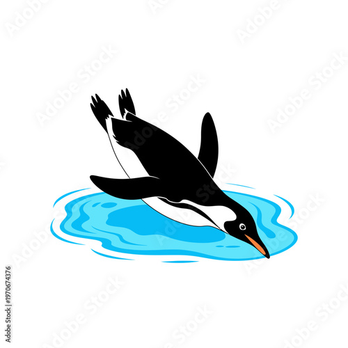Minimalist vector illustration of a cute penguin diving into blue water creating ripples for nature wildlife design projects and creative antarctic themed graphics