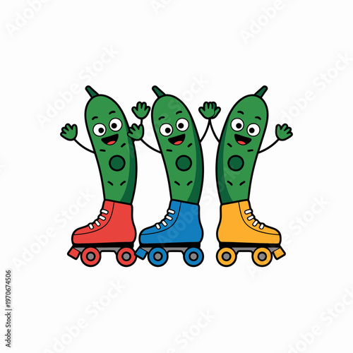 Three cheerful green pickle characters skating on roller skates with colorful boots in a fun cartoon style illustration isolated on a plain white background for design