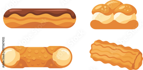 Vector illustration set of delicious pastries featuring chocolate éclair cream puff cannoli and churro for bakery menus and cafe branding.
