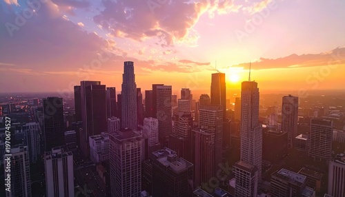 City Skyline at Sunset with Skyscrapers.