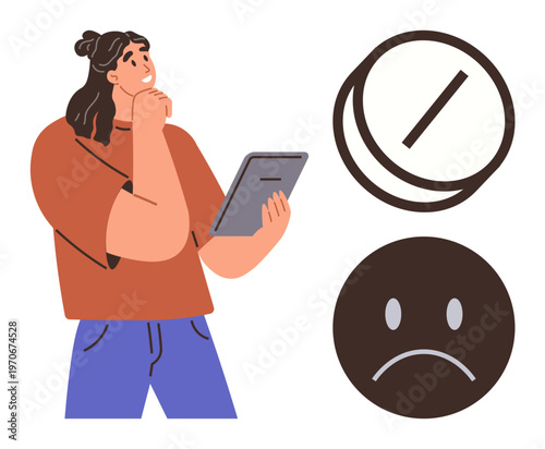 Decision making, emotions, digital tools, mental processes, evaluation, user interaction. Woman holding a tablet thoughtfully near symbols of emotion and decision. Decision making and emotions