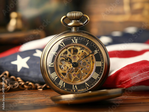 Vintage Pocket Watch Next to a Folded American Flag