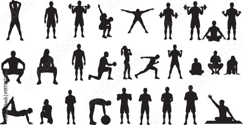 Black silhouettes of people exercising and working out in various poses