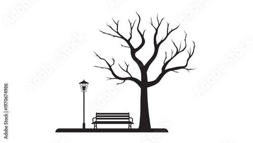 Black silhouette of a park area. Bench with a lantern under a large tree. Vector flat graphic monochrome pattern for print and web design.