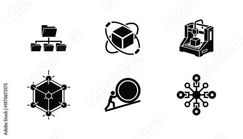 Set of modern technology and science icons in solid black style, depicting network, 3d printing and innovation.