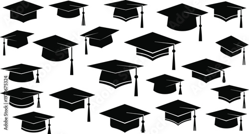 Graduation cap silhouette icon set with tassels in multiple angles symbolizing academic achievement, ceremony, and education vector themes