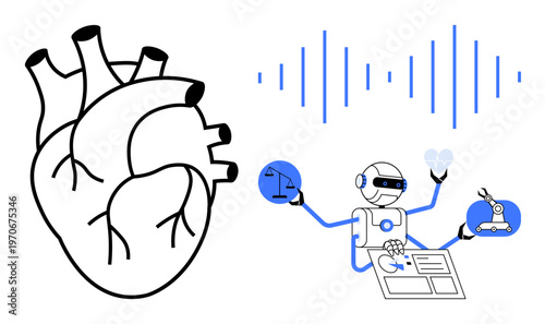 Healthcare technology, AI applications, medical research, cardiology innovation, digital sound , robotics. Anatomical heart next to AI robot holding medical tools. Healthcare technology and AI
