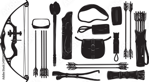 Archery equipment set with bow and arrows on white background