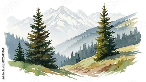 Watercolor painting of majestic mountains and lush evergreen forests