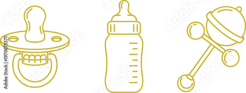 Set of minimalist golden line art baby essentials including a pacifier bottle and rattle perfect for newborn care and e-commerce designs