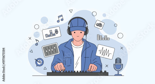 A young man wearing headphones and a blue jacket operates a soundboard with various music and audio icons surrounding him in a modern flat vector illustration.