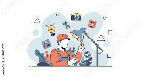 A skilled worker examines a tool under a desk lamp surrounded by various objects and symbols on a workbench in an industrial setting.