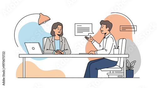 Job Interview: Candidate and Recruiter Discussing at Desk with Laptop