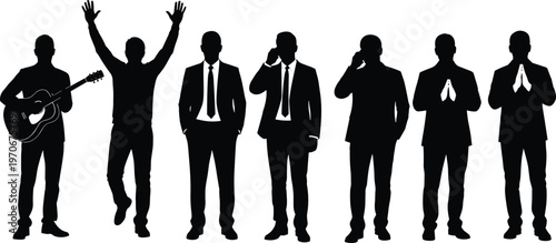 Silhouettes of people in various poses and activities, vector illustration symbolizing music, prayer, communication, expression, and lifestyle actions