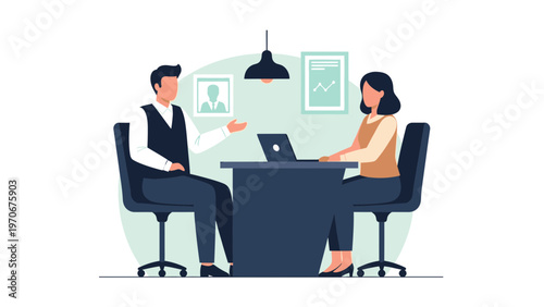 Business meeting, job interview, teamwork, collaboration, office discussion, flat design