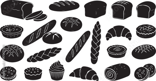 Black and white illustration of various types of bread and pastries