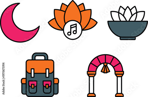 Vector icon set featuring a pink crescent moon, lotus flowers with music note, travel backpack, and a decorative archway for lifestyle and wellness design.