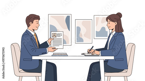 Job interview, candidate presenting CV to recruiter at desk, business meeting