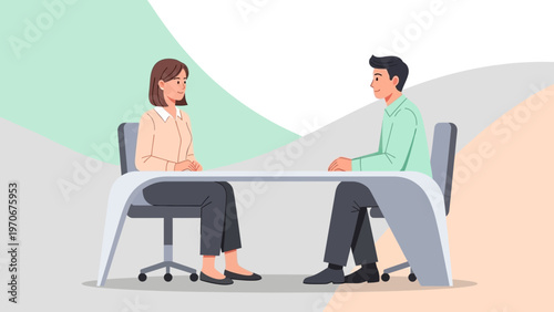 Business meeting, job interview, two people sitting at a desk, professional discussion